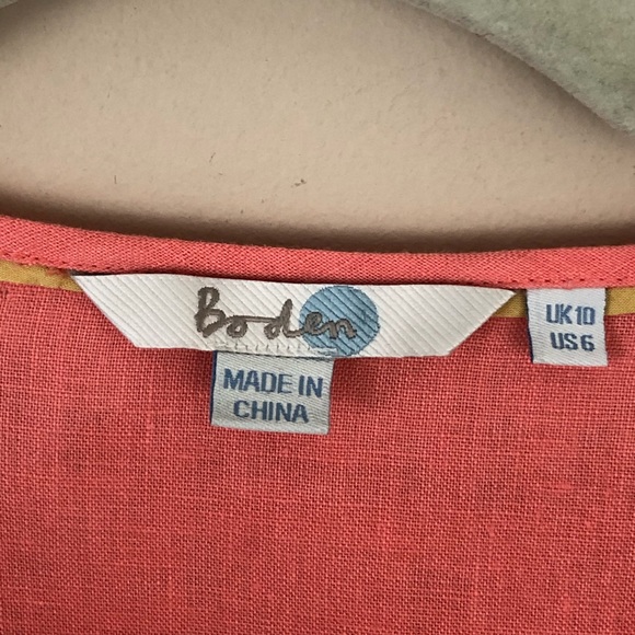 Boden Top Womens 6 Peach Coral  100% Linen 3/4 Sleeves Embellished Neckline - Picture 2 of 8